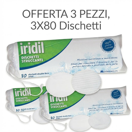 3X Confezioni di IRIDIL 80 Dischetti struccanti in morbido cotone dermatologicamente testati