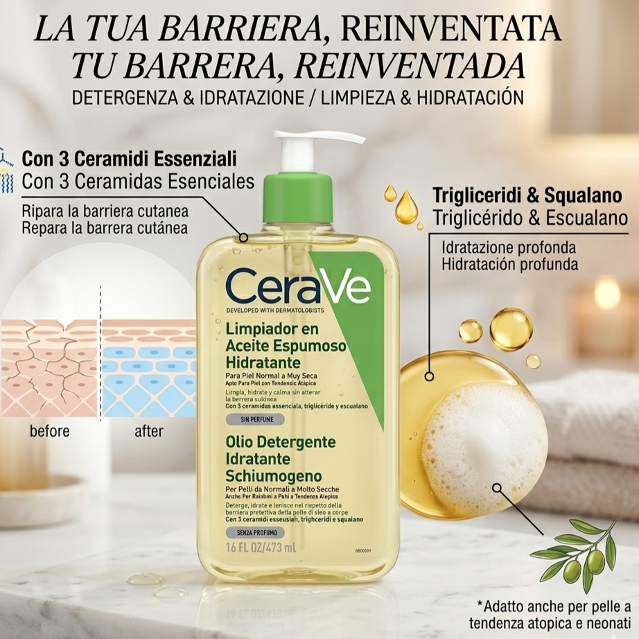 CeraVe Olio detergente idratante Schiumogeno, Ripara e idrata, 473 ml