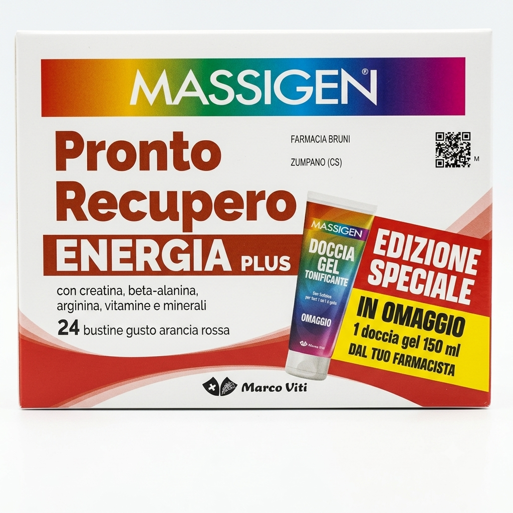 Massigen Pronto Recupero Energia Plus con CREATINA – 24 bustine + Doccia Gel Tonificante in OMAGGIO (Edizione Speciale)