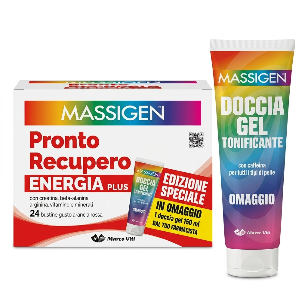 Massigen Pronto Recupero Energia Plus con CREATINA – 24 bustine + Doccia Gel Tonificante in OMAGGIO (Edizione Speciale)