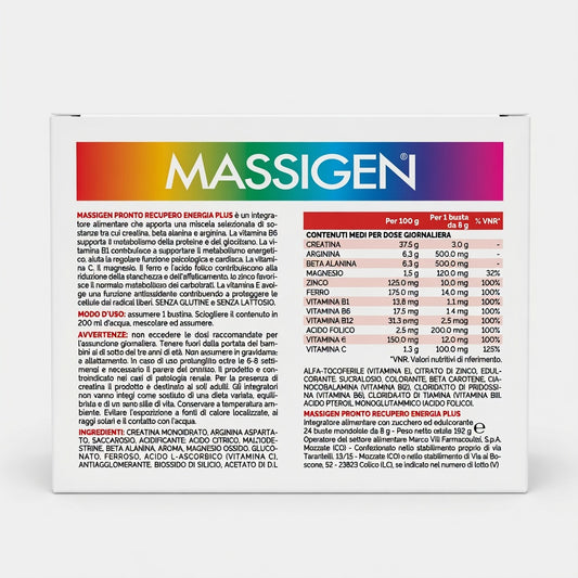 Massigen Pronto Recupero Energia Plus con Creatina – 24 bustine + Doccia Gel Tonificante in OMAGGIO (Edizione Speciale)